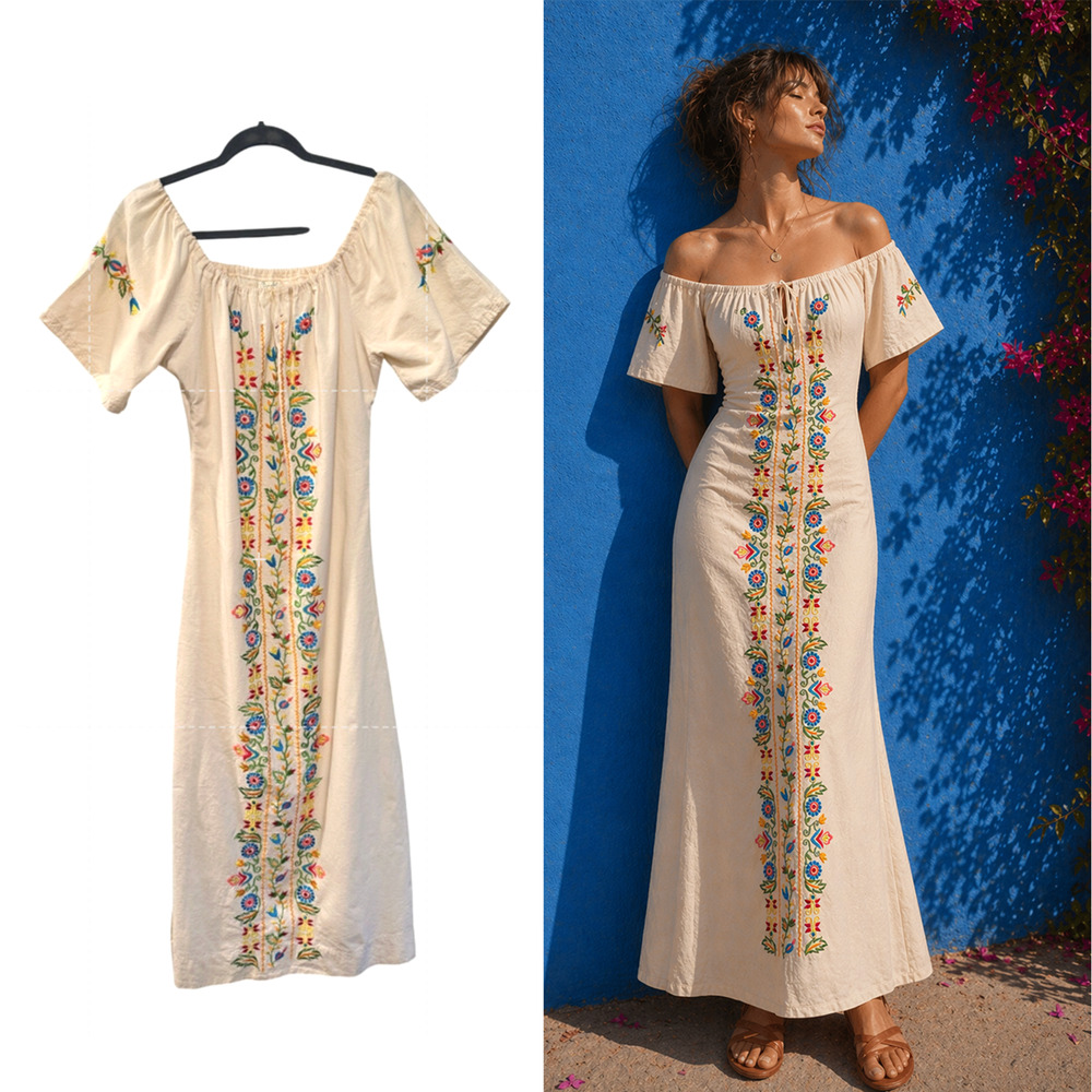 Vintage Mary Vi BARBADOS Floral Embroidered Maxi Dress Mexico Folk Cotton MINT M - Picture 15 of 15